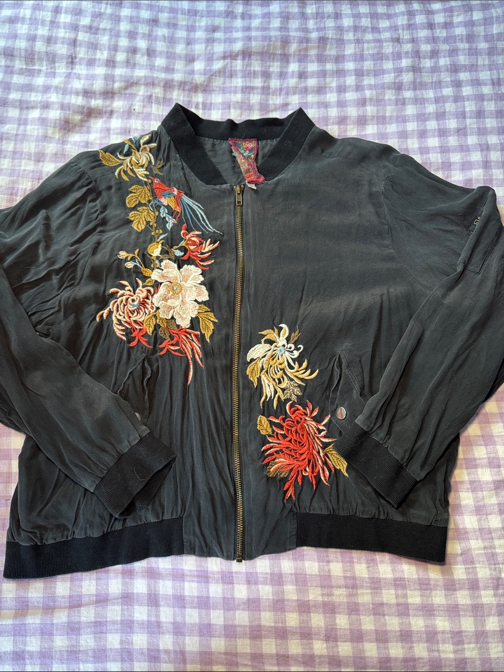 Johnny Was Black Embroidered Floral Bomber Jacket